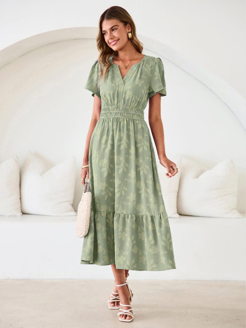 Simplee Womens Summer Boho Maxi Dress Spring Wedding Guest Floral V Neck Empire Waist Tiered Long Flowy Dresses Sage Green XL - Image 2