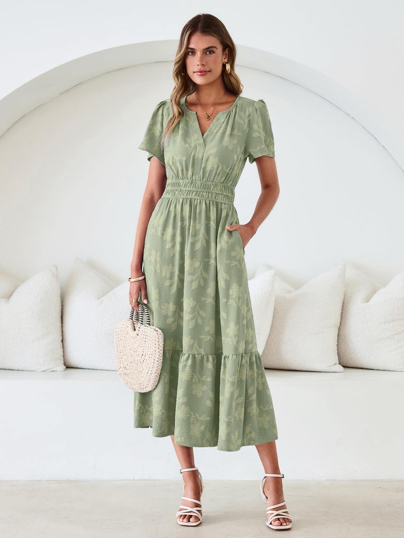 Simplee Womens Summer Boho Maxi Dress Spring Wedding Guest Floral V Neck Empire Waist Tiered Long Flowy Dresses Sage Green XL - Image 3