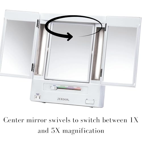 JERDON Tri-Fold Two-Sided Makeup Mirror with Lights - Vanity Mirror with 5X-1X Magnification & Multiple Light Settings - White - Model JGL9W - Image 5