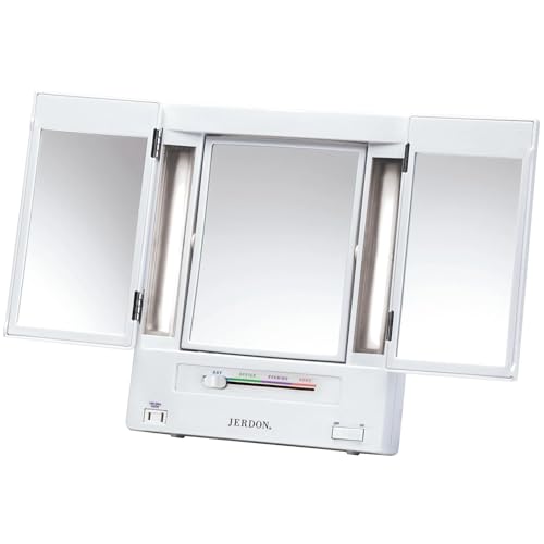 JERDON Tri-Fold Two-Sided Makeup Mirror with Lights - Vanity Mirror with 5X-1X Magnification & Multiple Light Settings - White - Model JGL9W - Image 1