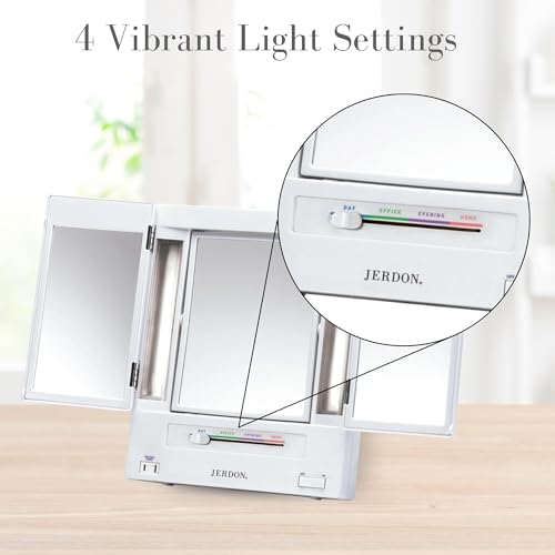 JERDON Tri-Fold Two-Sided Makeup Mirror with Lights - Vanity Mirror with 5X-1X Magnification & Multiple Light Settings - White - Model JGL9W - Image 3