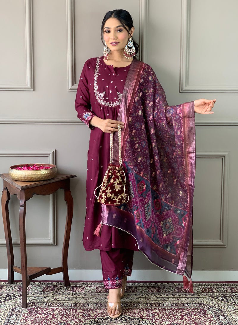 Women Viscose Chanderi aubergine Kurta with pant and heavy embroidery dupatta set  - Image 1