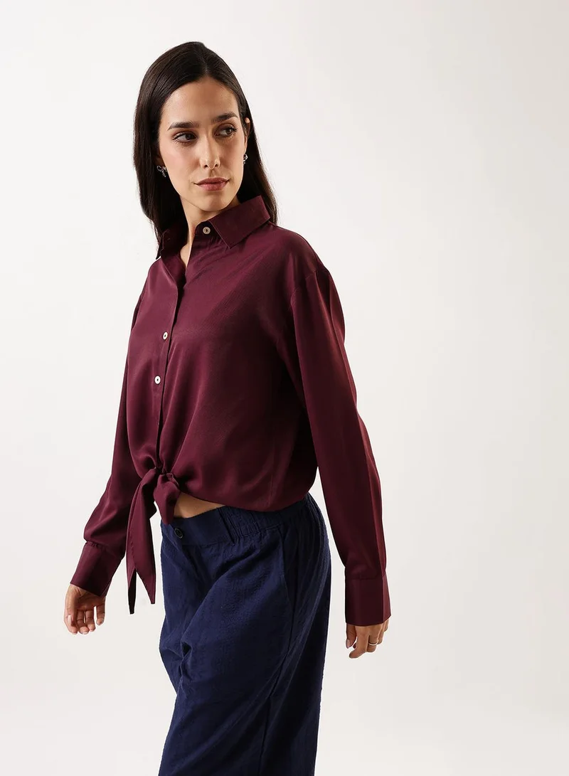 Dennis Lingo Women's Mauve Wine Poly Twill Solid T-Shirt Regular Fit Tops