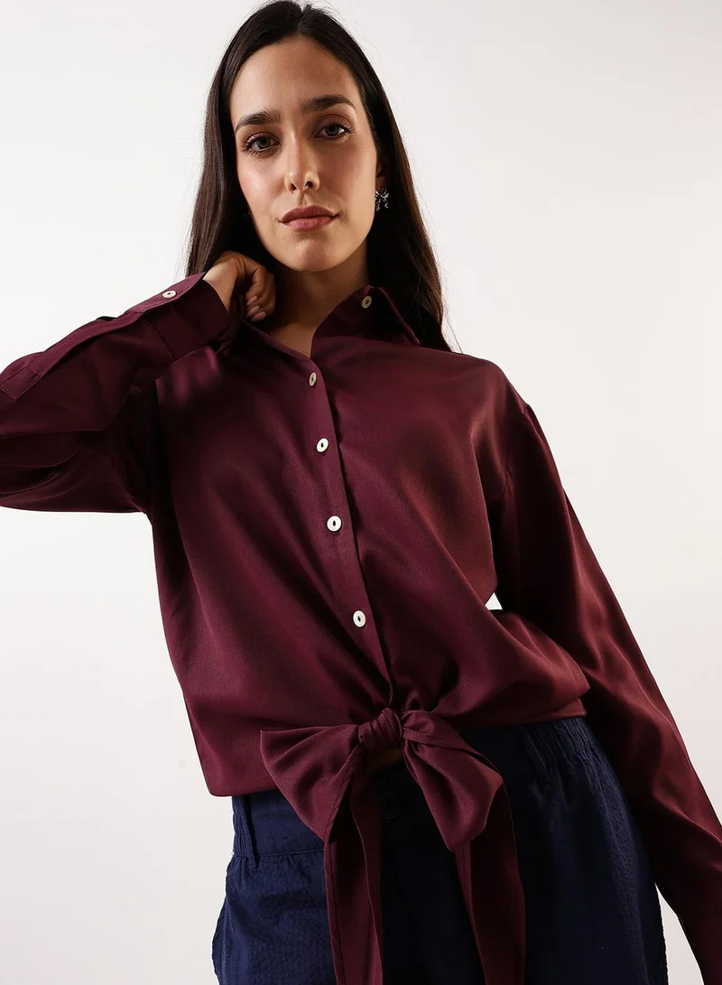 Dennis Lingo Women's Mauve Wine Poly Twill Solid T-Shirt Regular Fit Tops