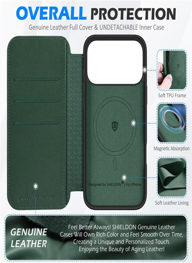 SHIELDON Slim Genuine Leather Wallet Case for iPhone 17 Pro Max 6.9-inch 2025, Magnetic Wireless Charging, RFID Blocking, Card Holder, Full Protection, Shock-Absorbent, Flip Folio Cover - Evergreen - Image 3