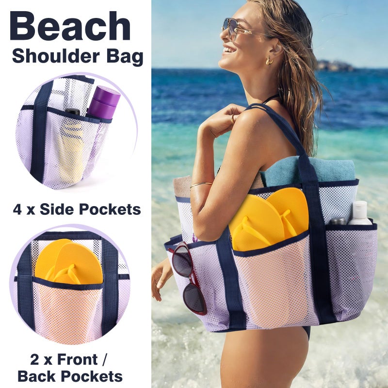 Genteen Mesh Beach Bag, Waterproof Lightweight, Beach Tote with Zipper Pocket for Family Pool Bag for Toys & Vacation Essentials-Purple - Image 5