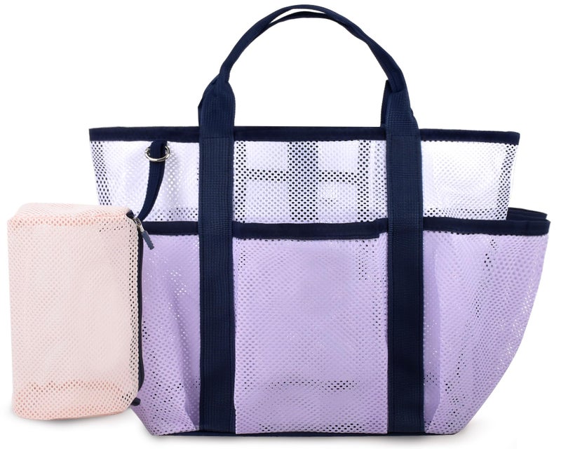 Genteen Mesh Beach Bag, Waterproof Lightweight, Beach Tote with Zipper Pocket for Family Pool Bag for Toys & Vacation Essentials-Purple - Image 1