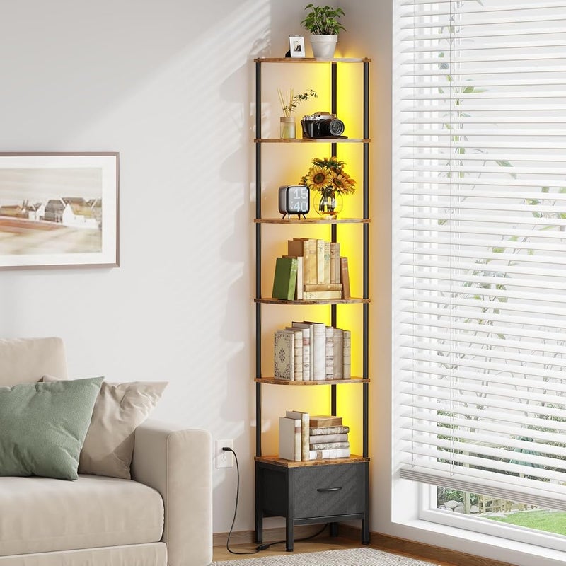 Yanara 6-Tier Corner Shelf with LED Lights, Tall Standing Bookshelf - Image 4