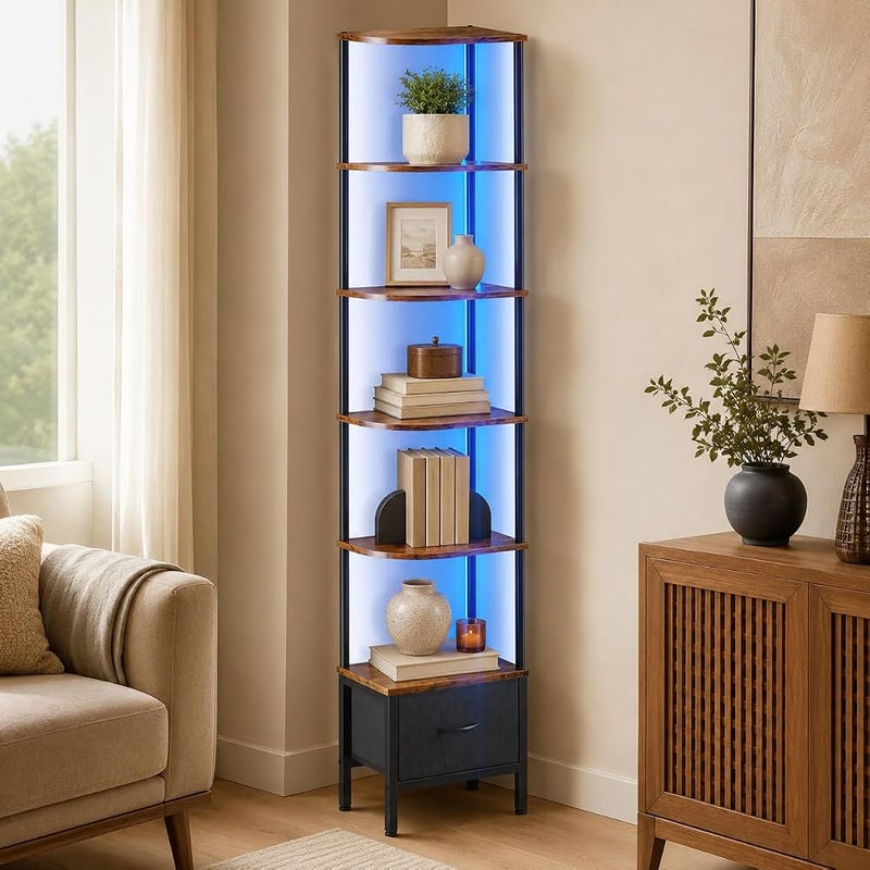 Yanara 6-Tier Corner Shelf with LED Lights, Tall Standing Bookshelf - Image 3