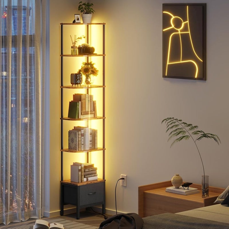 Yanara 6-Tier Corner Shelf with LED Lights, Tall Standing Bookshelf - Image 1