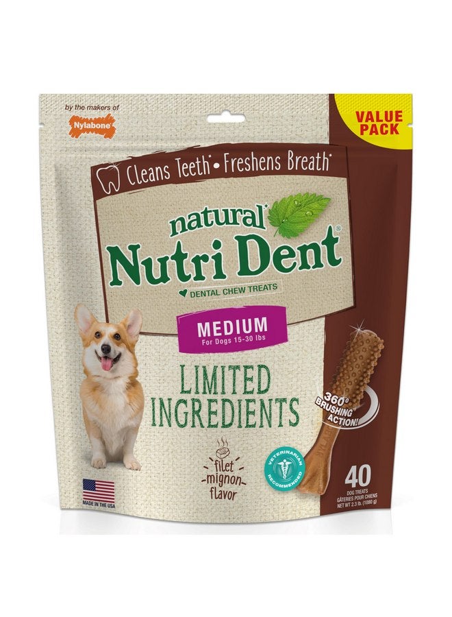 Nylabone Nutri Dent Dog Dental Chews, Natural Teeth Cleaning Dental Treats & Breath Freshener for Dogs, Filet Mignon Flavor, Medium (40 Count) - Image 1
