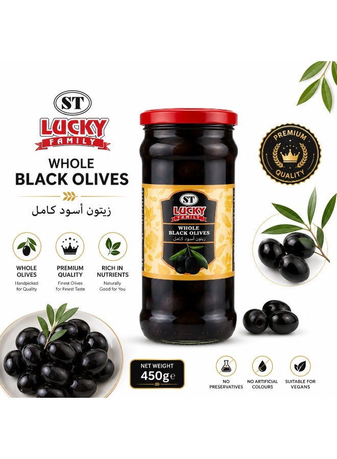 LUCKY FAMILY Whole Black Olives Glass Jar 340g - Image 2