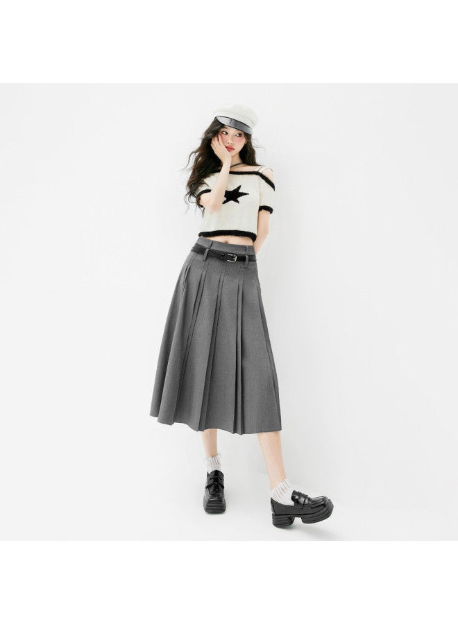 EPTISON تنورة A-line عالية الخصر للنساء - أسلوب المدرسة الصيفية بتصميم حافة خام، تنورة متوسطة الطول بخصر مزدوج مطوي - Image 3