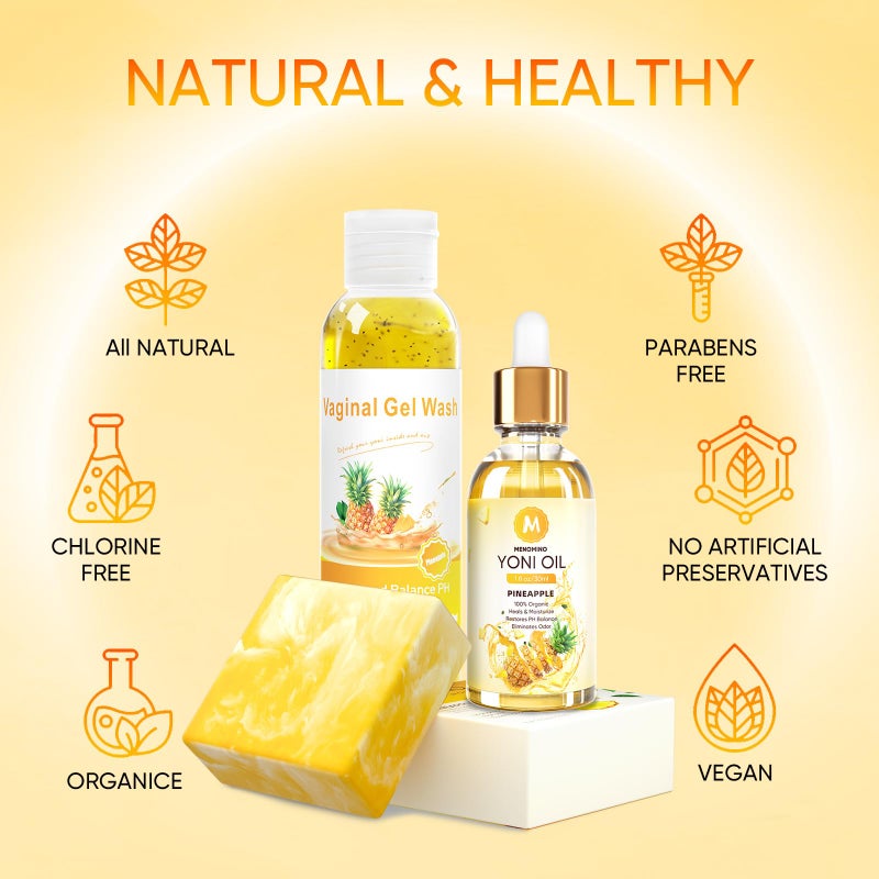 MENOMINO Feminine Wash & Yoni Soap Bar & Yoni Oil for Women pH Balance, Pineapple Yoni Wash for Moisturizing Remove Odor, 5.07 Fl.Oz Feminine Wash 1 Fl.Oz Feminine Oil & 3.53oz Yoni Bar - Image 2