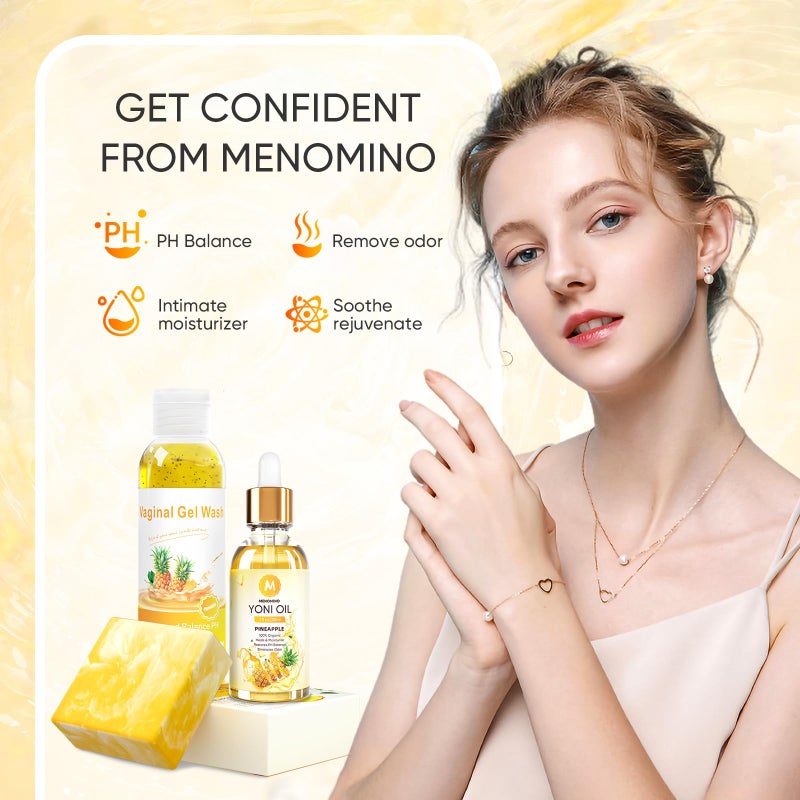 MENOMINO Feminine Wash & Yoni Soap Bar & Yoni Oil for Women pH Balance, Pineapple Yoni Wash for Moisturizing Remove Odor, 5.07 Fl.Oz Feminine Wash 1 Fl.Oz Feminine Oil & 3.53oz Yoni Bar - Image 4