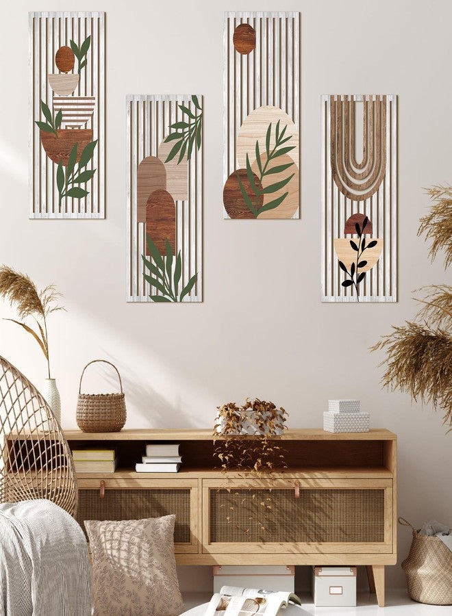 Yuntau 4 Pcs Boho Wooden Wall Art Plant Wall Sculptures Abstract Minimalist Wall Decor Geometric Sun Rainbow Painting Home Decor Print for Living Room Bedroom Office(Cute) - Image 1