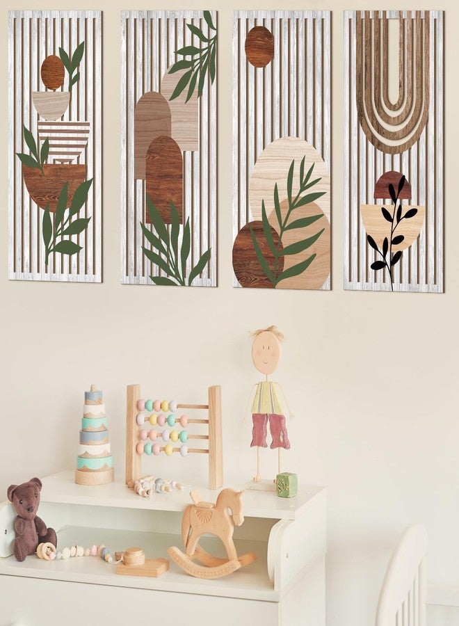 Yuntau 4 Pcs Boho Wooden Wall Art Plant Wall Sculptures Abstract Minimalist Wall Decor Geometric Sun Rainbow Painting Home Decor Print for Living Room Bedroom Office(Cute) - Image 5