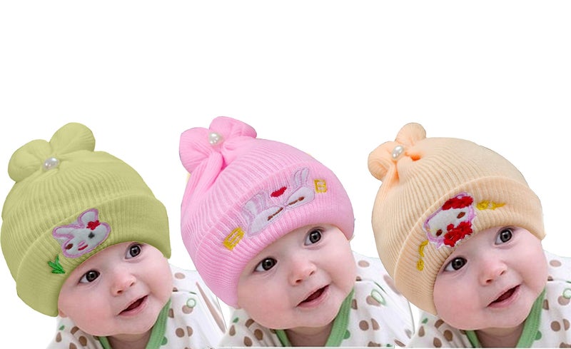 TRUE INDIAN Kids Soft Winter Woolen Caps for New Born Baby for Baby Boys & Baby Girls Beanie Hat Cap Warm Cap for Baby Kids Cap (0-3 Months,L.Pink+Beg+ORG) - Image 1
