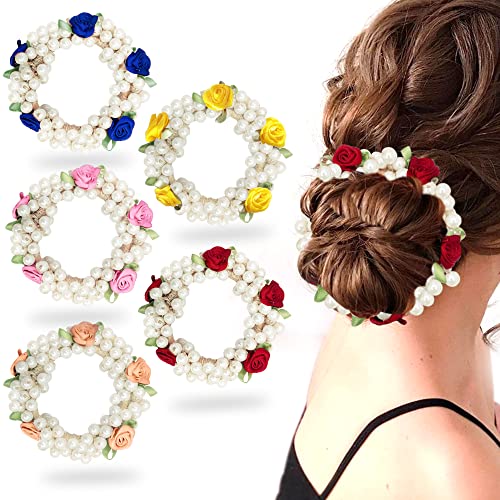 Sanas Hair Bun Accessories For Women Stylish (5Pcs) Scrunchies Set Rubber Band For Hair Ties For Women Accessories For Gift Artificial Flowers For Hair Styling (5Pcs) (Multicolor Artificial Gajra) - Image 1