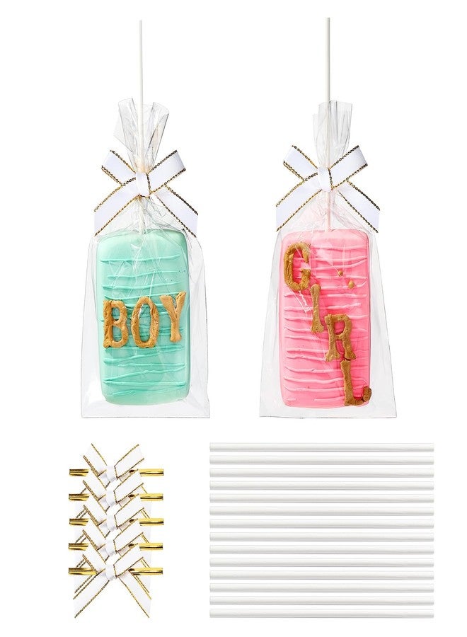 RomanticBaking 50 Sets Clear Rice Krispie Treat Bags with White Ribbon Bow and Stick & Flat Cellophane Clear Bags for Rice Krispie Treats Gift Giving Bag(White) - Image 1