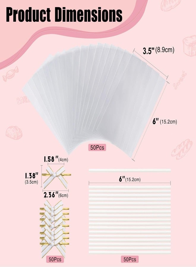 RomanticBaking 50 Sets Clear Rice Krispie Treat Bags with White Ribbon Bow and Stick & Flat Cellophane Clear Bags for Rice Krispie Treats Gift Giving Bag(White) - Image 2