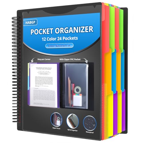 HABGP 24 Pocket Plastic folders with Pockets, 12 Colors Multi Pocket Folder Binder with Dividers, Office Organizer Folder Letter Size School Supplies - Image 1