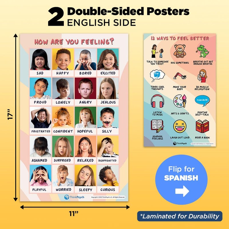 ThinkPsych 2 Laminated Feelings Posters for Kids - English & Spanish - Calm Down Corner Supplies - Therapy & School Counselor Supplies - Emotions Posters for Home and Calming Corner Classroom - Image 3