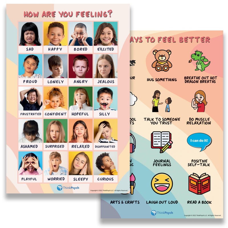 ThinkPsych 2 Laminated Feelings Posters for Kids - English & Spanish - Calm Down Corner Supplies - Therapy & School Counselor Supplies - Emotions Posters for Home and Calming Corner Classroom - Image 1