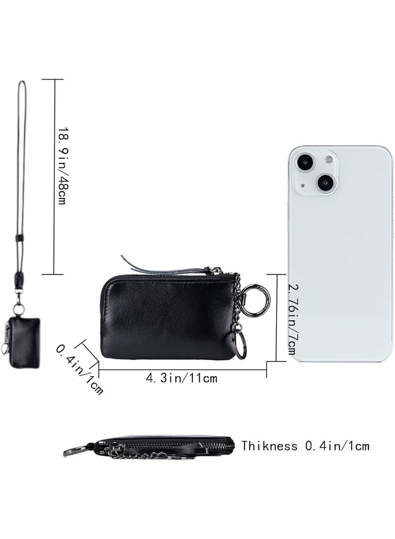 Small Coin Purse for Women, Hanging Leather Keychain Wallet with Secure Zipper, Mini Change Purse for Credit Cards and Cash, Fashion Minimalist Clutch Bag for Daily and Travel Use (Black)