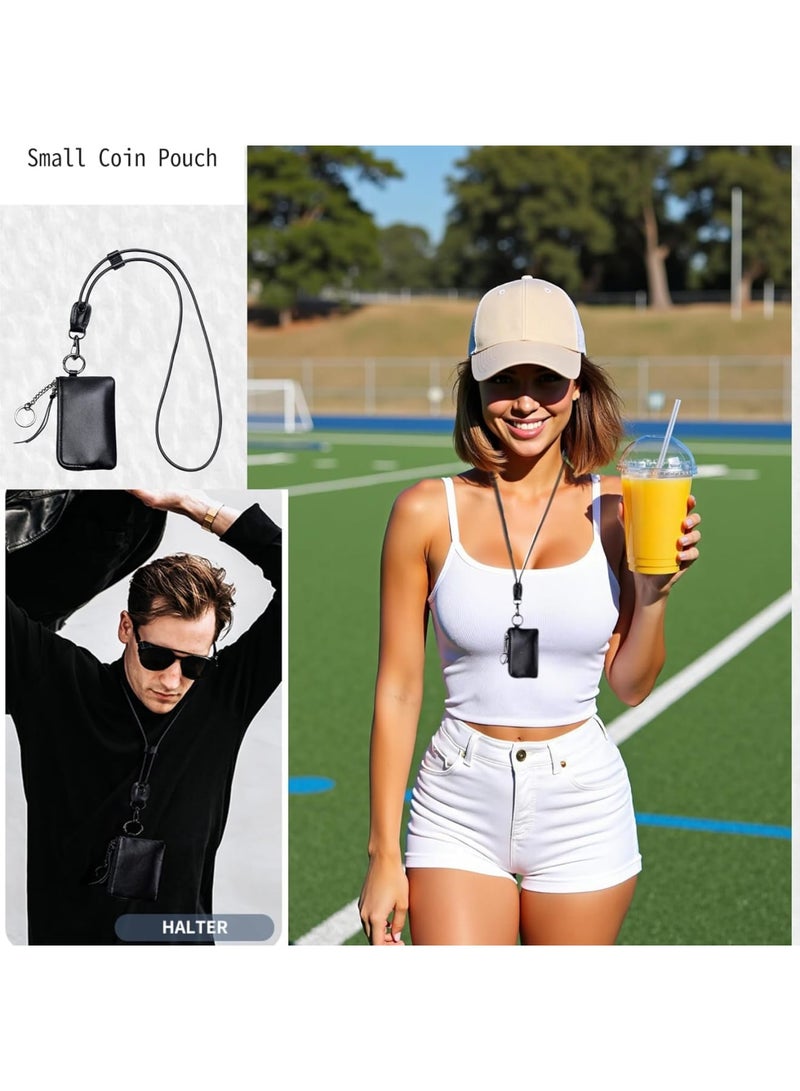 Small Coin Purse for Women, Hanging Leather Keychain Wallet with Secure Zipper, Mini Change Purse for Credit Cards and Cash, Fashion Minimalist Clutch Bag for Daily and Travel Use (Black)