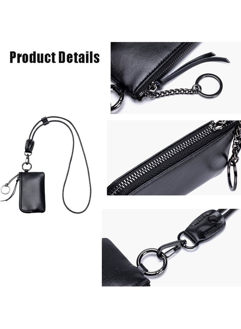 Small Coin Purse for Women, Hanging Leather Keychain Wallet with Secure Zipper, Mini Change Purse for Credit Cards and Cash, Fashion Minimalist Clutch Bag for Daily and Travel Use (Black)
