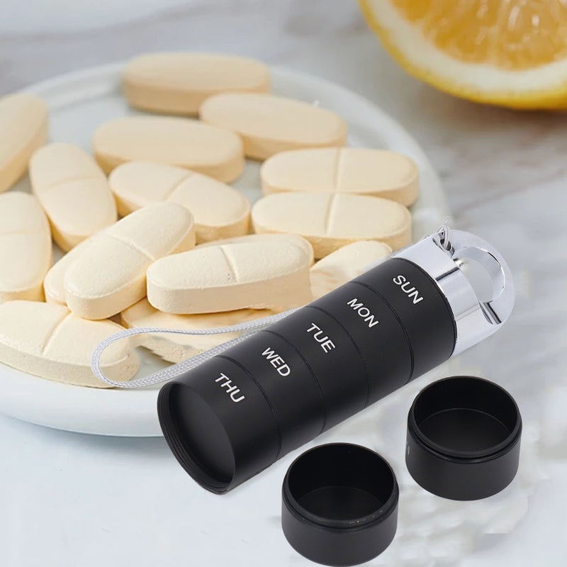 Weekly Medicine Organizer Aluminum Alloy 7 Day Waterproof Travel Medicine Case Portable Metal Daily Medicine Box Round Hole Black - Image 1