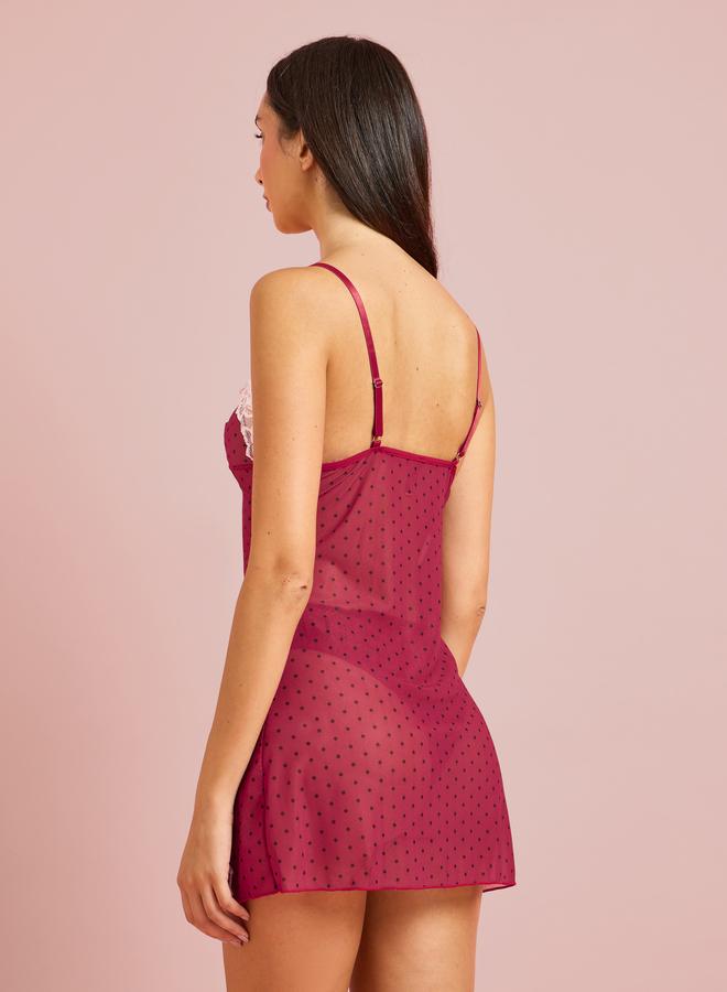 Styli Red Polka Dot Mesh Babydoll with Contrast Lace and Brief - Image 3