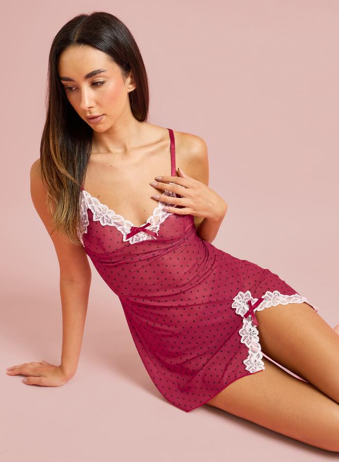 Styli Red Polka Dot Mesh Babydoll with Contrast Lace and Brief - Image 1