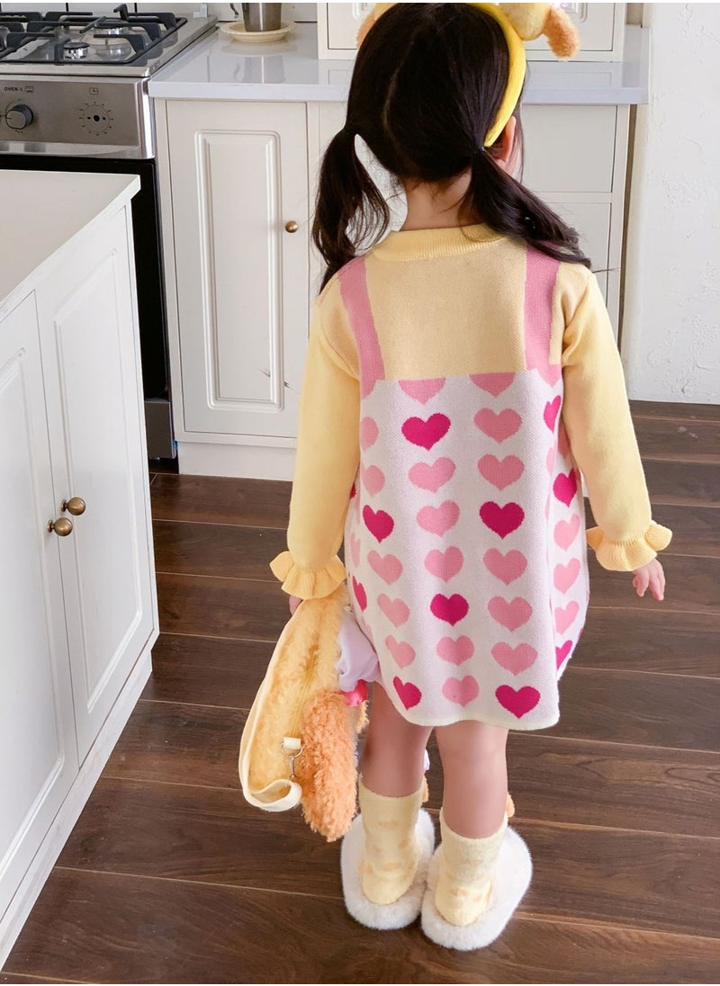 Generic - Three Piece Set — Girl's Stylish Cartoon Love Fake Two-Piece Sweater Knitted Dress Hair Hoop Handbag - Image 1
