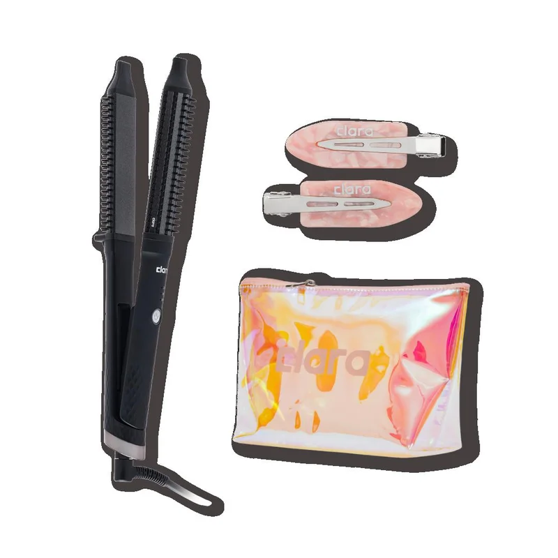 CLARA The Style n’ Go Black Bundle – CLARA Black Dual Slim 2-in-1 Hair Straightener Brush with 3 Heat Settings, Candy Pink Travel Beauty Bag & Pink Strong Hold Hair Clips Set