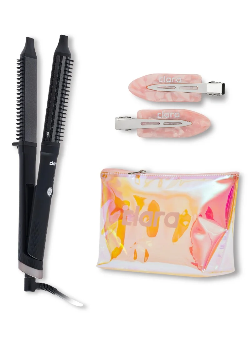 كلارا The Style n’ Go Black Bundle – CLARA Black Dual Slim 2-in-1 Hair Straightener Brush with 3 Heat Settings, Candy Pink Travel Beauty Bag & Pink Strong Hold Hair Clips Set