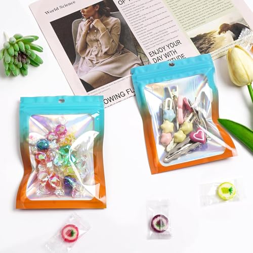 TRUE SHOP HOLOGRAPHIC BAGS MYLAR CLEAR, WINDOW SMELL PROOF, FOIL SEAL POUCH RESEALABLE WITH ZIPLOCK,PACKAGING BAGS FOR FOOD STORAGE,JEWELRY,BUSINESS SUPPLLY COLOR BLUE ORANGE (20, 11X18 CM) - Image 5