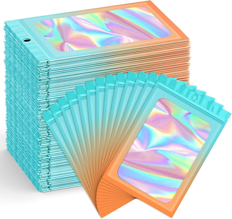TRUE SHOP HOLOGRAPHIC BAGS MYLAR CLEAR, WINDOW SMELL PROOF, FOIL SEAL POUCH RESEALABLE WITH ZIPLOCK,PACKAGING BAGS FOR FOOD STORAGE,JEWELRY,BUSINESS SUPPLLY COLOR BLUE ORANGE (20, 11X18 CM) - Image 1