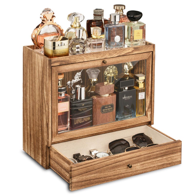 Emfogo Cologne Organizer for Men, Solid Wood Perfumes Organizer for Men Dresser, Large Capacity Dustproof Cologne Holder with Drawer Storage Perfume Stand Organizer, Ideal Gift for Loved ones - Image 1