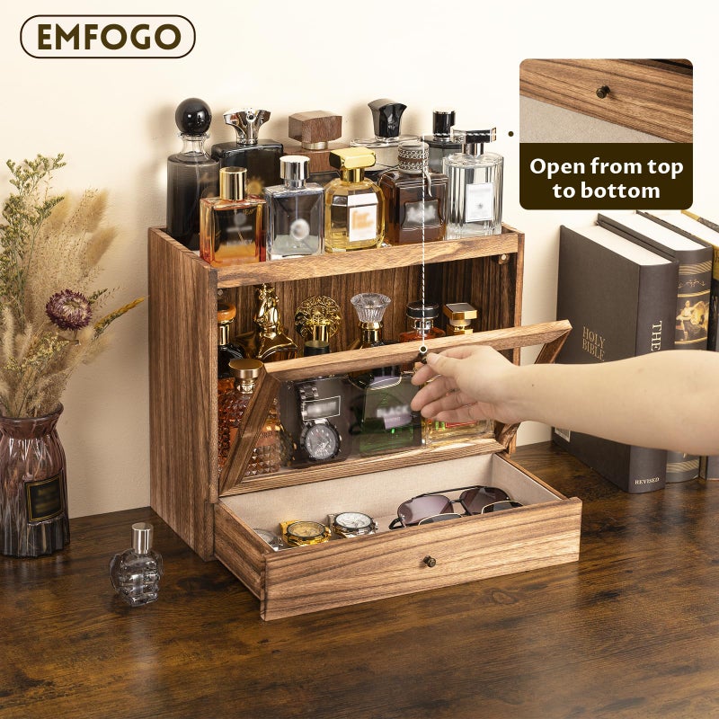 Emfogo Cologne Organizer for Men, Solid Wood Perfumes Organizer for Men Dresser, Large Capacity Dustproof Cologne Holder with Drawer Storage Perfume Stand Organizer, Ideal Gift for Loved ones - Image 2