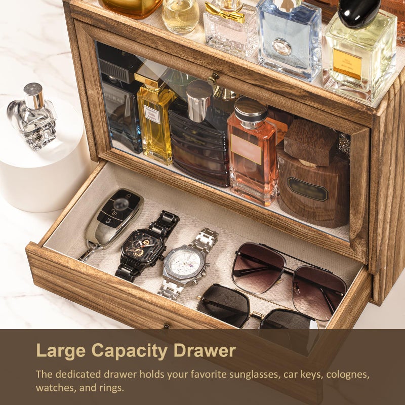 Emfogo Cologne Organizer for Men, Solid Wood Perfumes Organizer for Men Dresser, Large Capacity Dustproof Cologne Holder with Drawer Storage Perfume Stand Organizer, Ideal Gift for Loved ones - Image 3