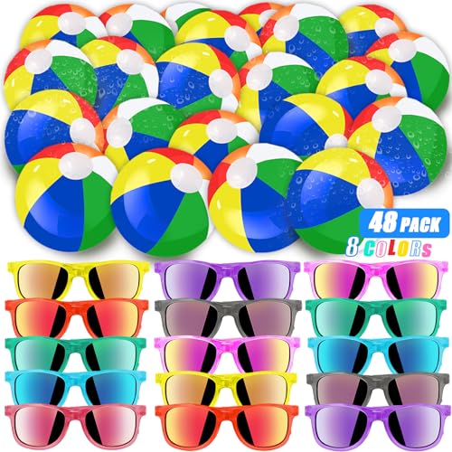 ontigola 48 Pieces Summer Clean Glasses Beach Balls Bulk Party Favors for Kids 24Pack Neon Glasses 24Pack Beach Balls Boys Girls Graduation Party Supplies for Beach Day Pool Party Favors Goodie Bag Favors - Image 1