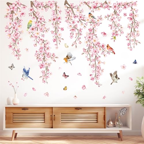 wondever Cherry Blossom Flower Vine Wall Stickers Pink Hanging Floral Tree Branch Birds Peel and Stick Wall Art Decals for Bedroom Living Room Sofa - Image 3