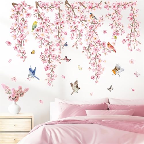 wondever Cherry Blossom Flower Vine Wall Stickers Pink Hanging Floral Tree Branch Birds Peel and Stick Wall Art Decals for Bedroom Living Room Sofa - Image 1