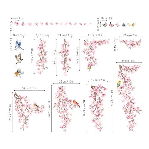 wondever Cherry Blossom Flower Vine Wall Stickers Pink Hanging Floral Tree Branch Birds Peel and Stick Wall Art Decals for Bedroom Living Room Sofa - Image 4