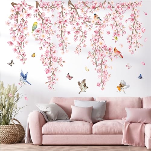 wondever Cherry Blossom Flower Vine Wall Stickers Pink Hanging Floral Tree Branch Birds Peel and Stick Wall Art Decals for Bedroom Living Room Sofa - Image 2