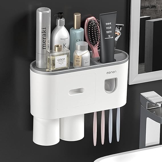 NUVEX Toothbrush Holder Wall-Mounted with Automatic Toothpaste Dispenser & Squeezer Kit | Bathroom Organizer with Magnetic Cups & Drawer Storage Space Saver (2 Cups, ABS Plastic, White) - Image 1