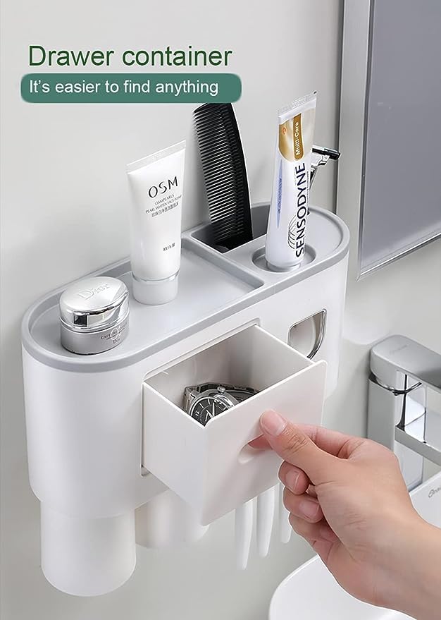 NUVEX Toothbrush Holder Wall-Mounted with Automatic Toothpaste Dispenser & Squeezer Kit | Bathroom Organizer with Magnetic Cups & Drawer Storage Space Saver (2 Cups, ABS Plastic, White) - Image 5