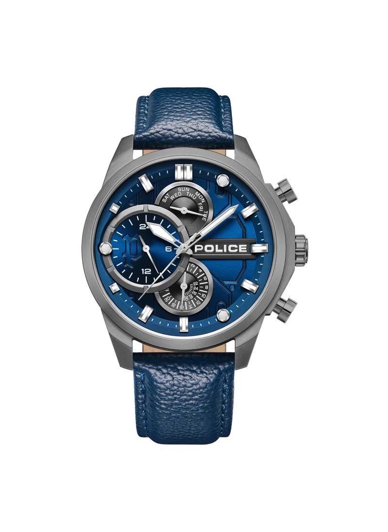 بوليس Police Reactor Blue Genuine Leather Strap Round Stainless Steel Case Gents Watch - 44 x 52.5mm